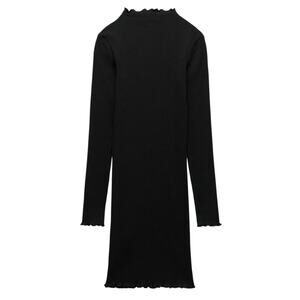 Zara Women’s Bodycon Ribbed Ruffle Trimmed High Neck Long Sleeve Ruffle Dress